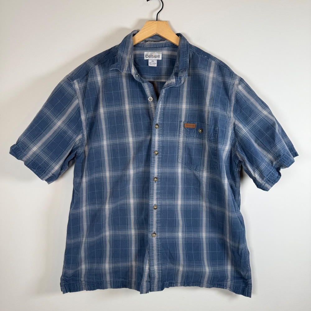 Carhartt Men's Plaid Short Sleeve Ripstop Button Up Shirt Top XL 100% Cotton